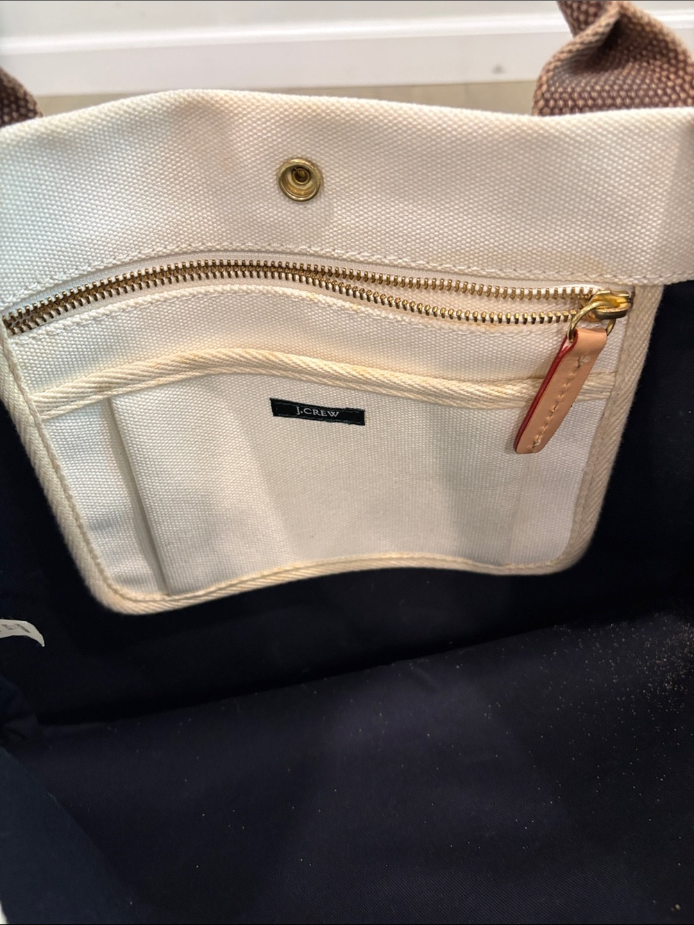 J Crew Canvas Tote Bag with Brown Handles - White - Picture 15 of 16